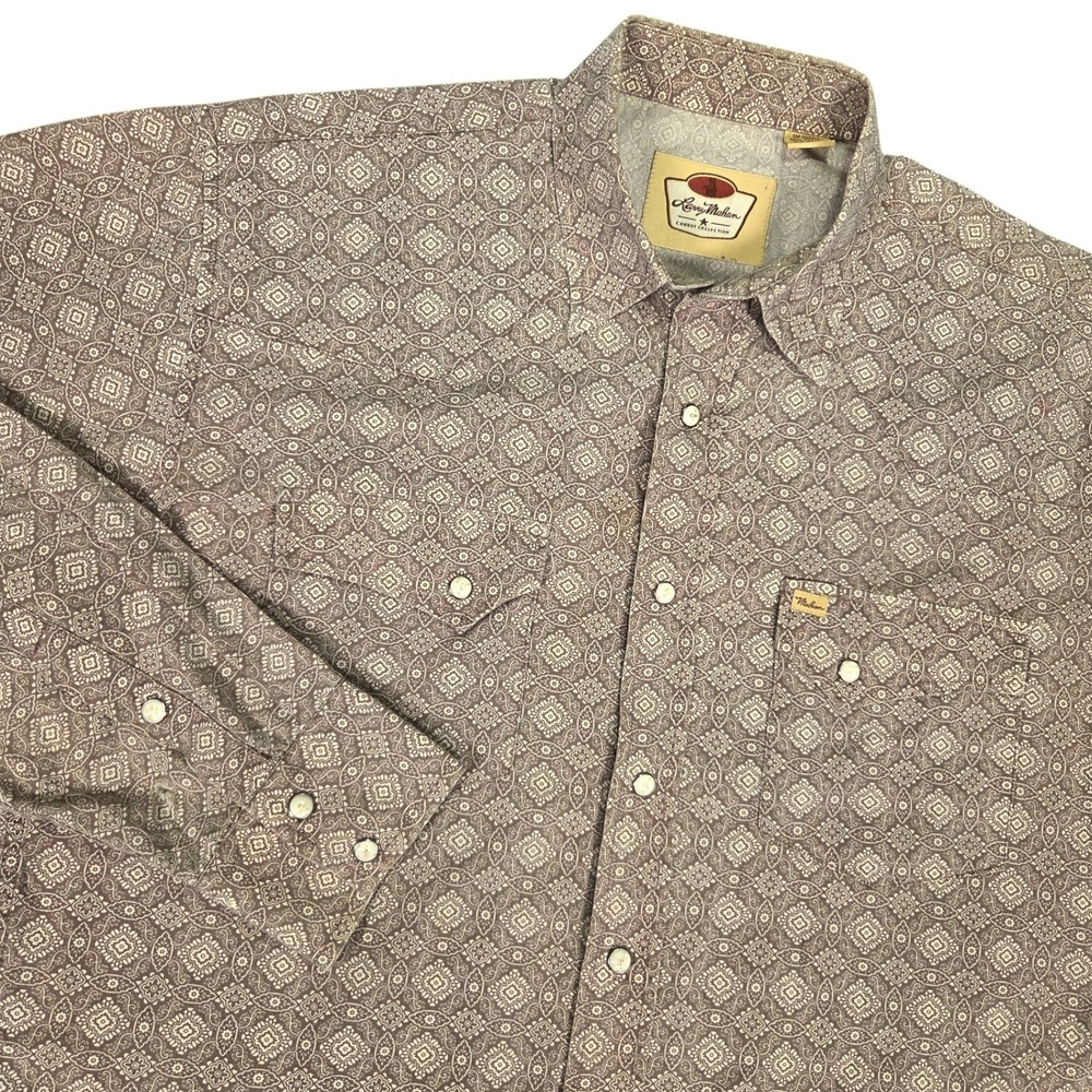 Vtg Larry Mahan Western Pearl Snap Shirt Men XL Brown Geometric Print Cowboy